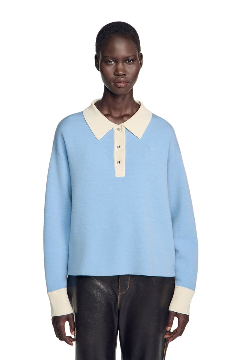 Two-tone wool polo sweater, Alternate, color, Sky blue