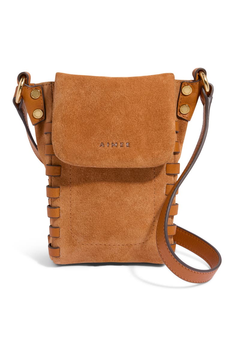 Zen Suede Phone Crossbody Bag, Main, color, RUSTIC CARAMEL SUEDE