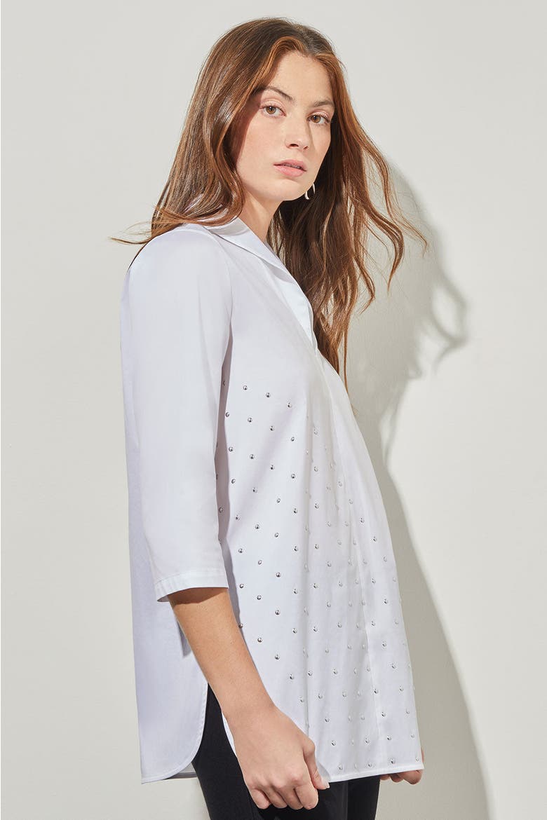 Stud Detail Shawl Collar Cotton Blend Shirt, Alternate, color, White