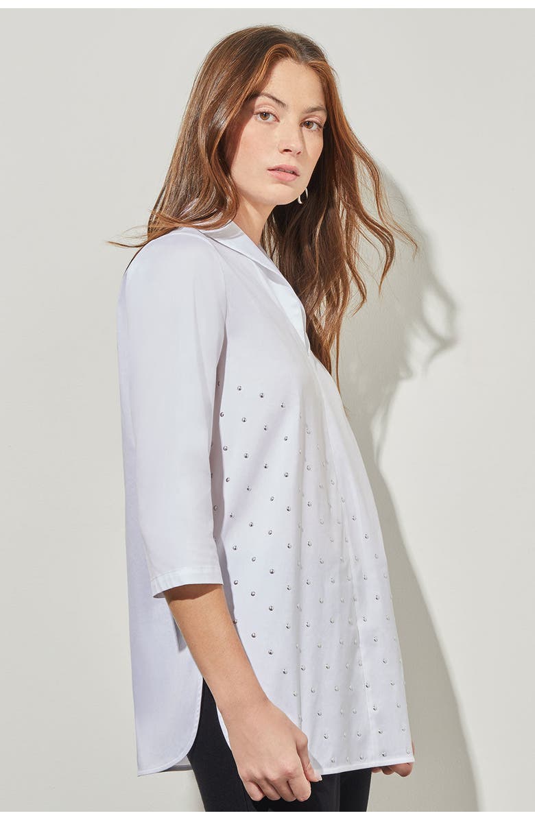 Ming Wang Stud Detail Shawl Collar Cotton Blend Shirt, Alternate, color, White
