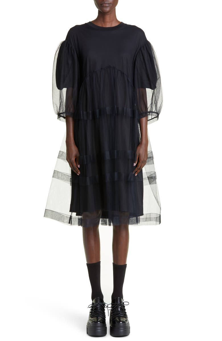 Simone Rocha Puff Sleeve Tiered Tulle Babydoll Dress, Main, color,