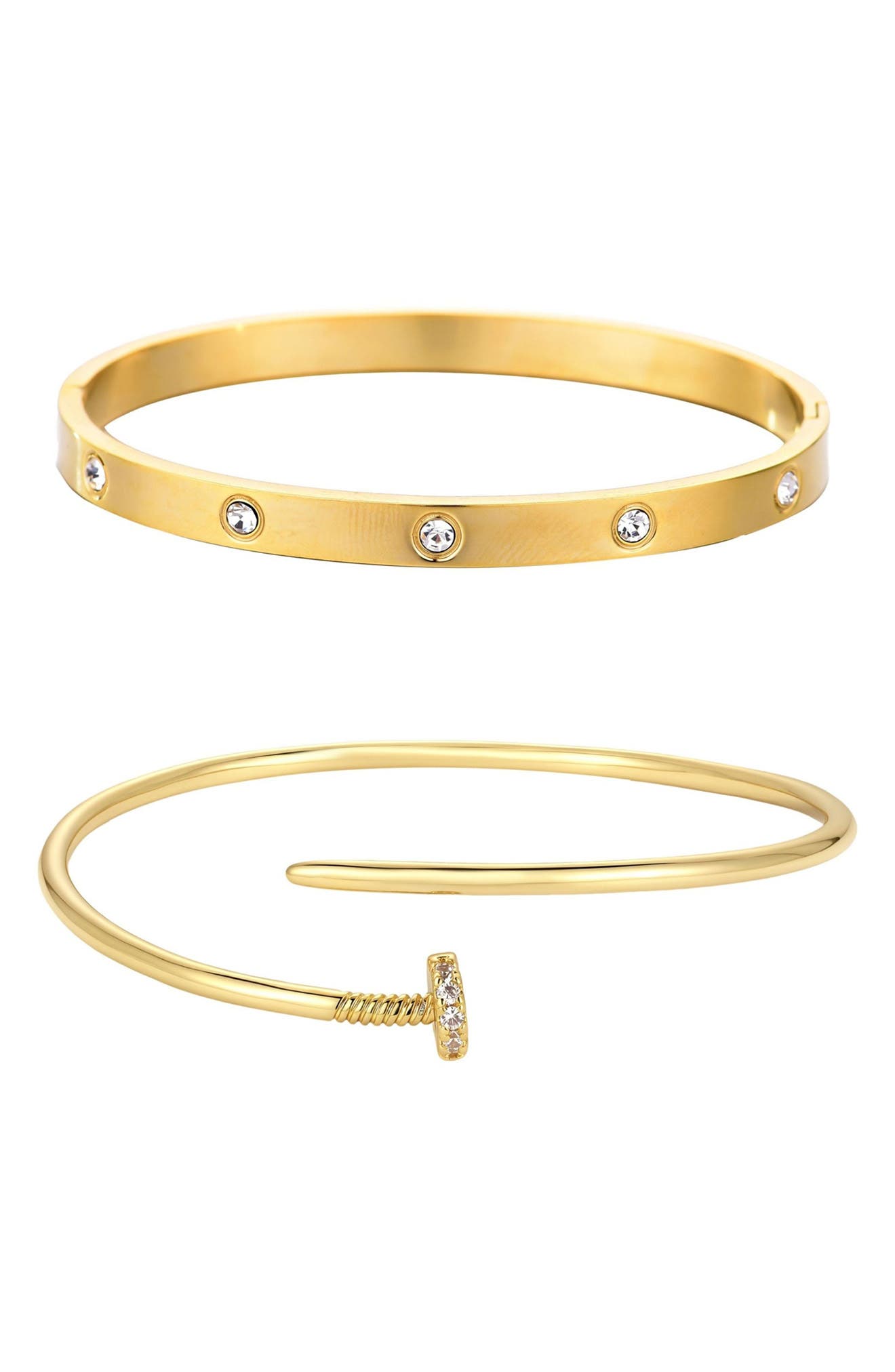 Set of 2 14k Gold Plated Nail & CZ Bangle Bracelets