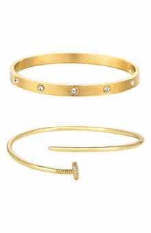 Set of 2 14k Gold Plated Nail & CZ Bangle Bracelets