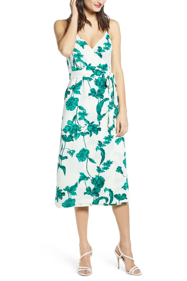 Crepe Wrap Midi Dress, Main, color, IVORY VANILLA BEAUTIFUL FLORAL