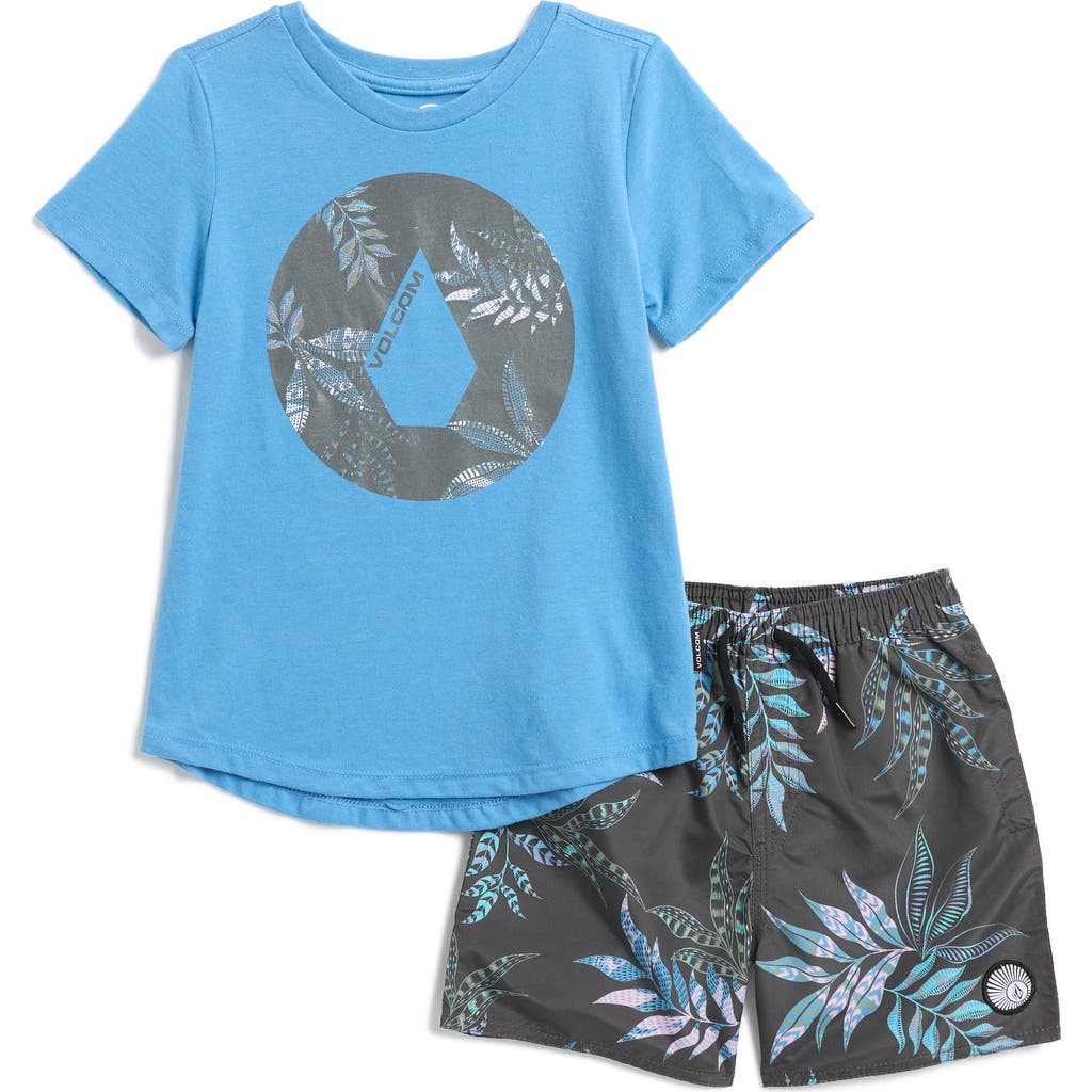 Shop Volcom Kids' Rashguard Top & Swim Shorts Set In Med Blue