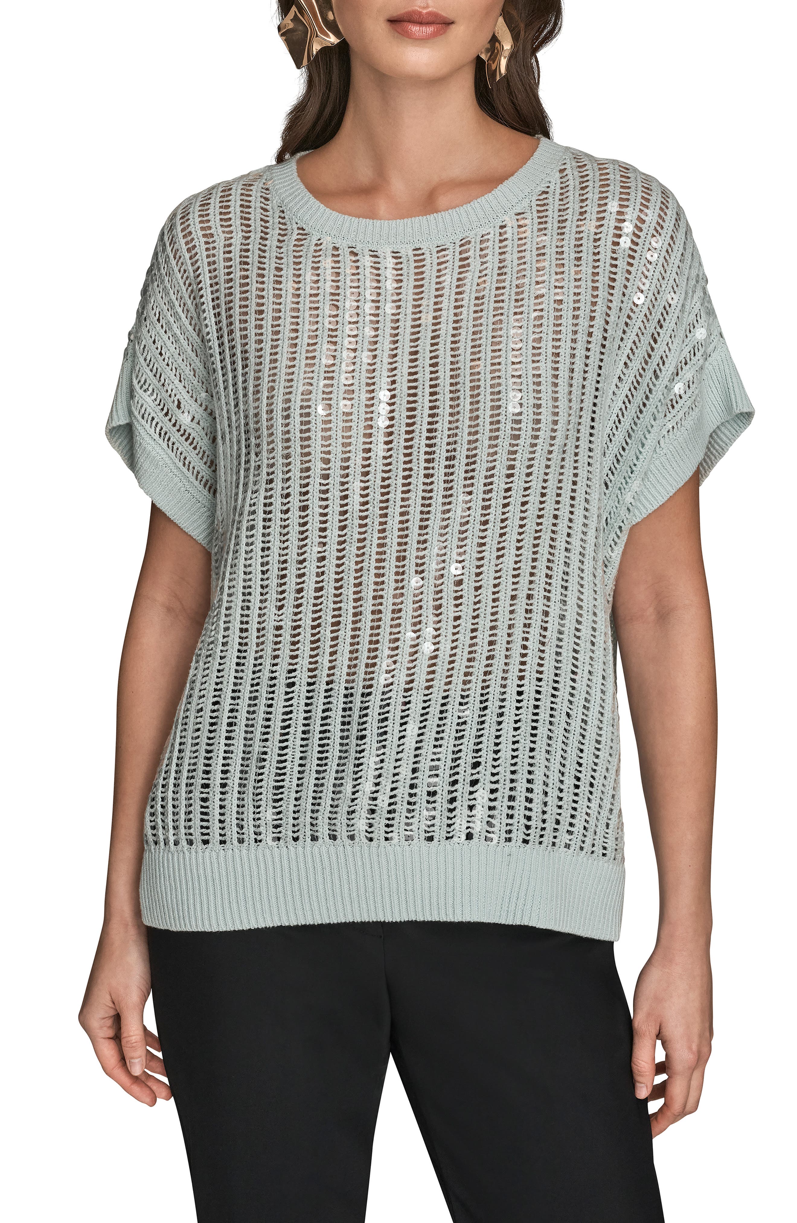 Donna Karan New York Sequin Open Stitch Short Sleeve Sweater In Gray