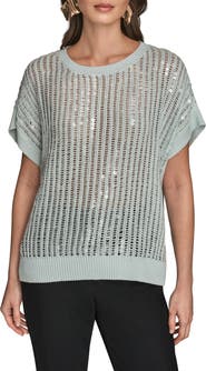 Donna Karan New York Sequin Open Stitch Short Sleeve Sweater