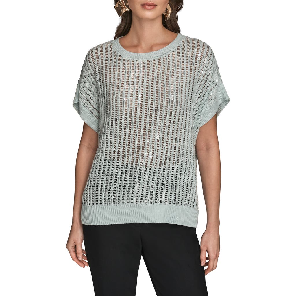 Donna Karan New York Sequin Open Stitch Short Sleeve Sweater In Gray