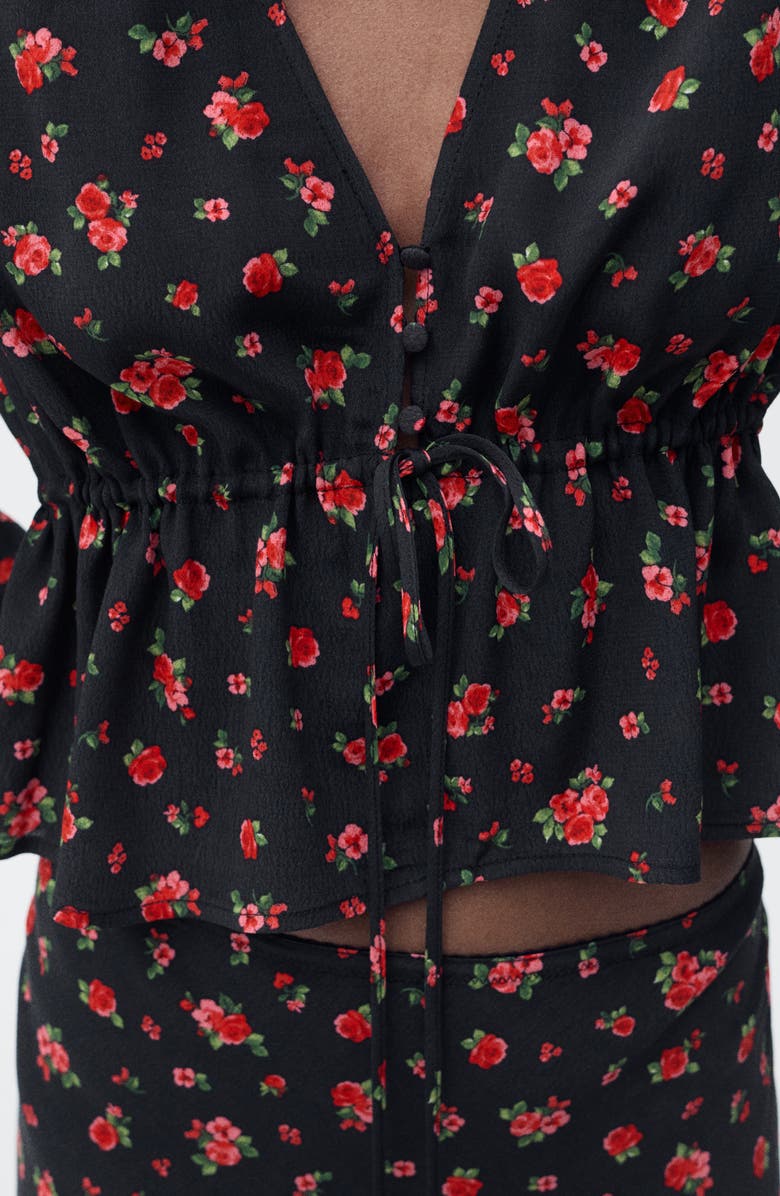 MANGO Floral Tie Front Top, Alternate, color, Black