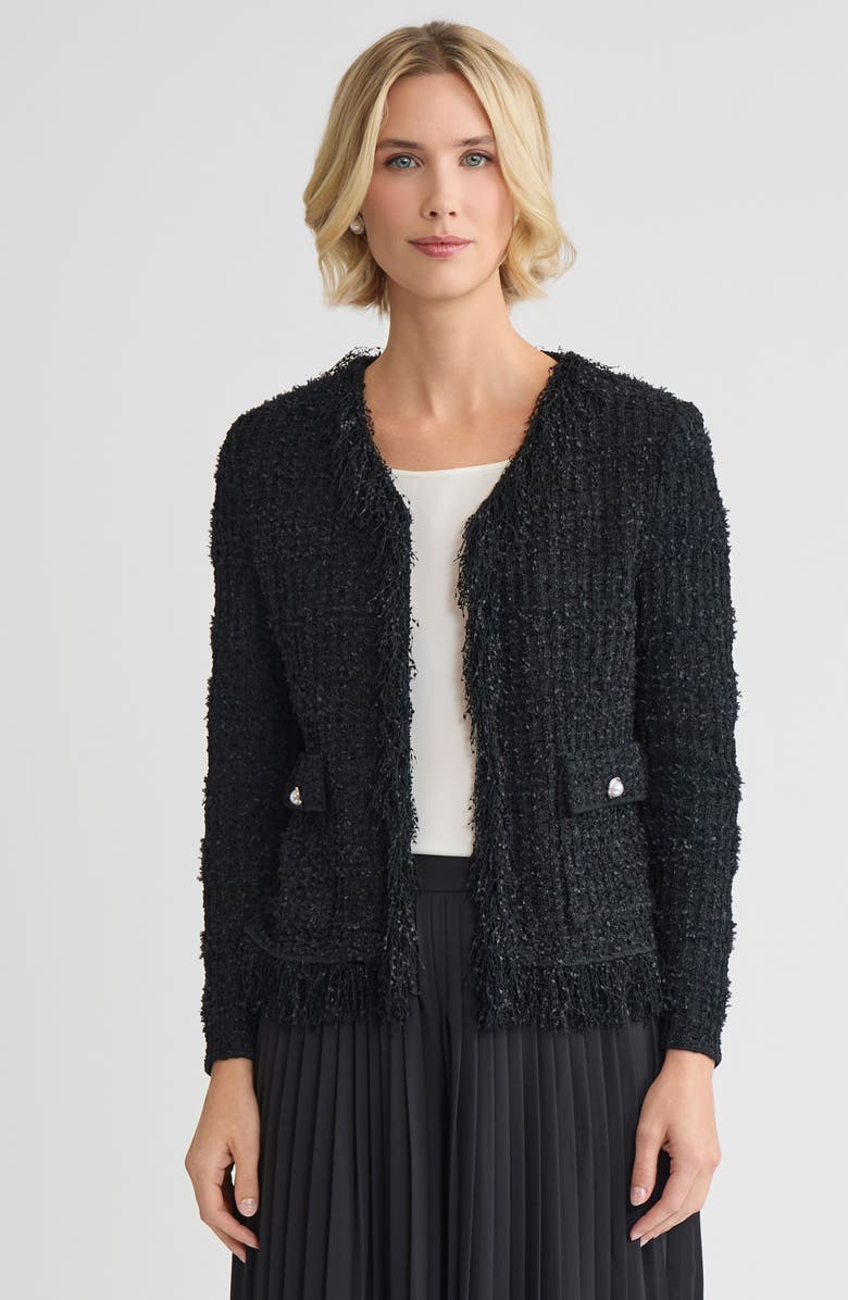 Misook Tailored Eyelash Fringe Trim Knit Jacket, Main, color, Black
