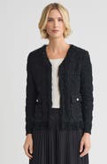 Misook Tailored Eyelash Fringe Trim Knit Jacket, Dark Ivy