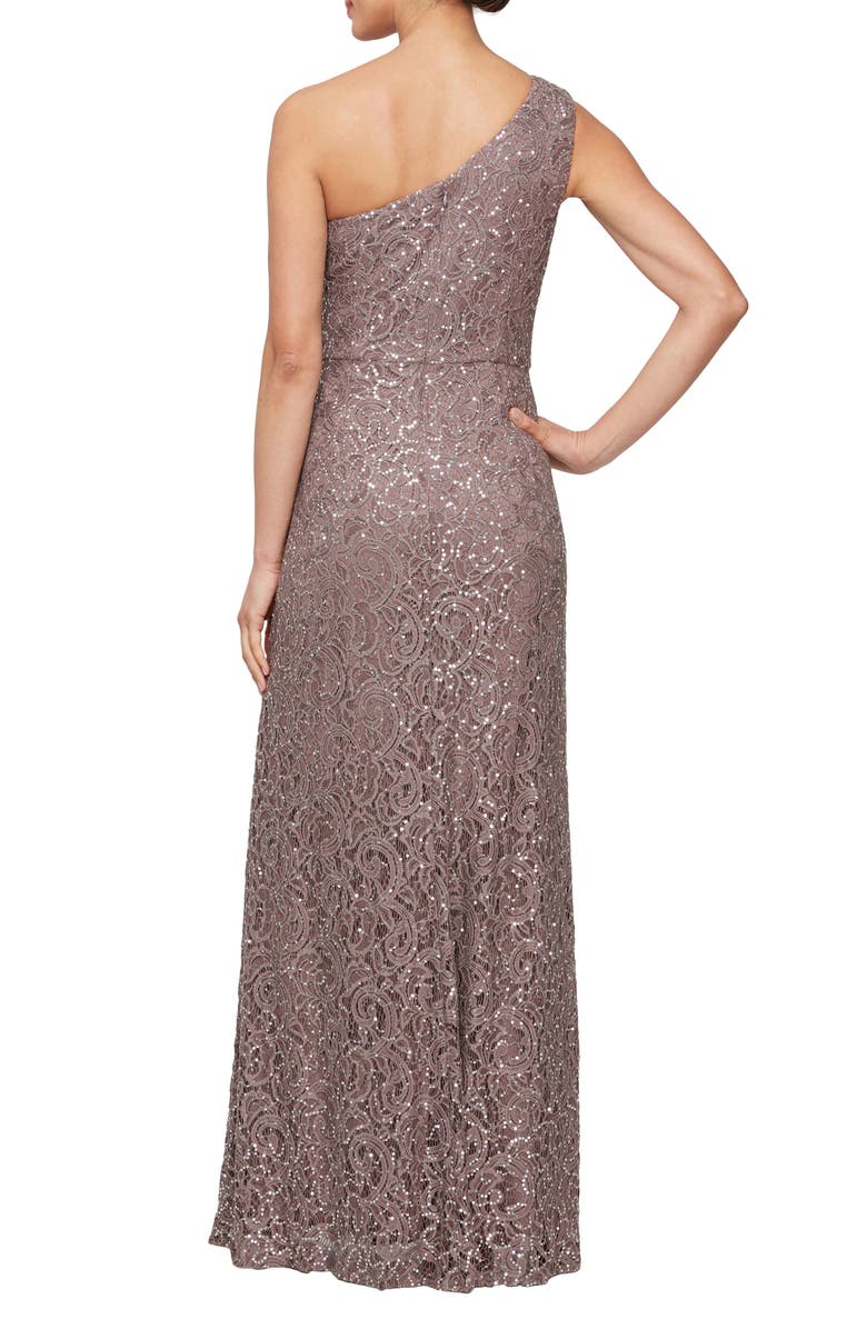 Alex Evenings One-Shoulder Sequin Lace A-Line Gown, Alternate, color, Mocha