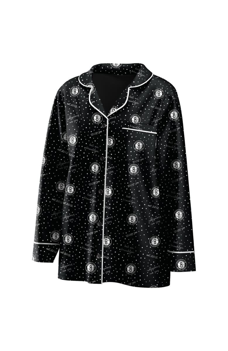 WEAR by Erin Andrews Women's WEAR by Erin Andrews Black Brooklyn Nets Long Sleeve Button-Up Shirt & Pants Sleep Set, Alternate, color, 