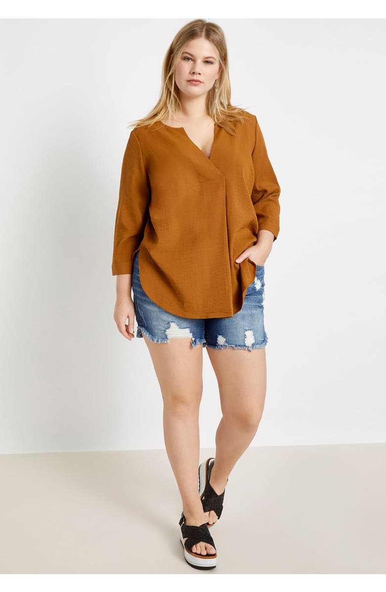 ELOQUII Distressed Denim Short, Alternate, color, Medium Wash