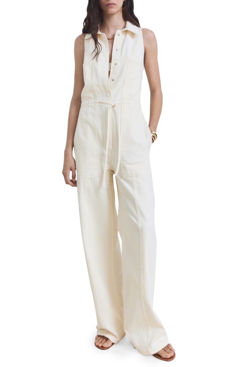 MANGO Sleeveless Denim Jumpsuit, Main, color, Ecru