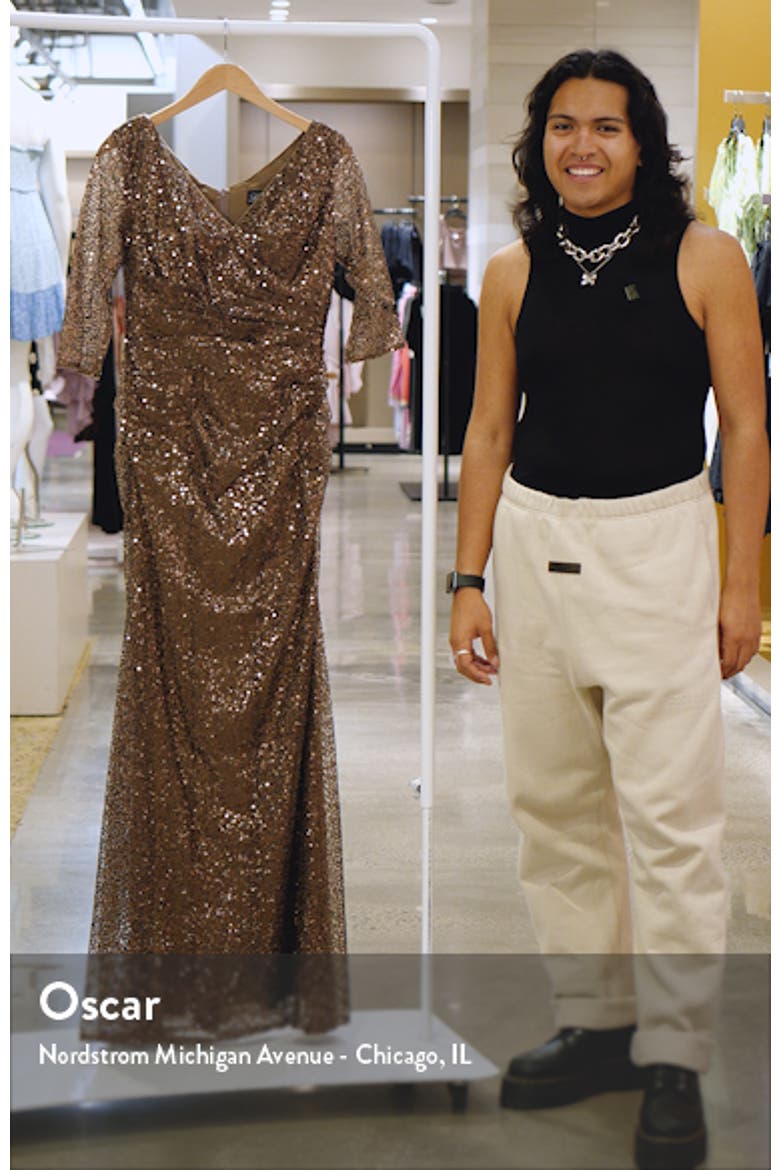 Three-Quarter Sleeve Sequin Dress with Ruching video