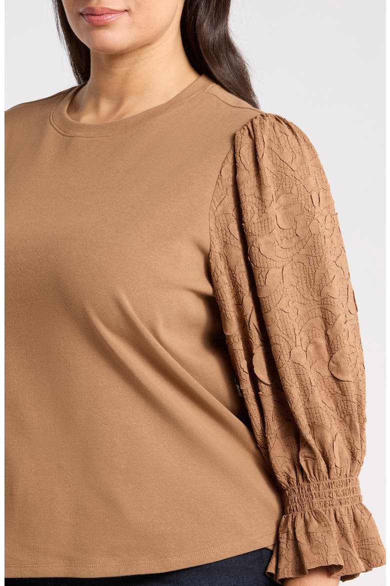 Mixed Media Smocked Sleeve Top(Plus), Alternate, color, BUTTER TOFFEE