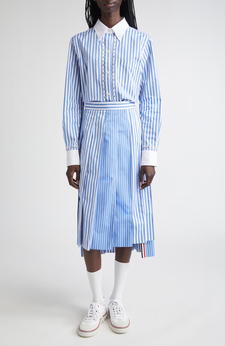Thom Browne Awning Stripe Pleated Cotton Poplin Skirt, Alternate, color, Medium Blue