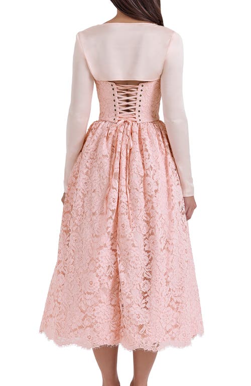Shop House Of Cb Duchess Corset Lace Fit & Flare Midi Dress With Bolero In Pink Salt