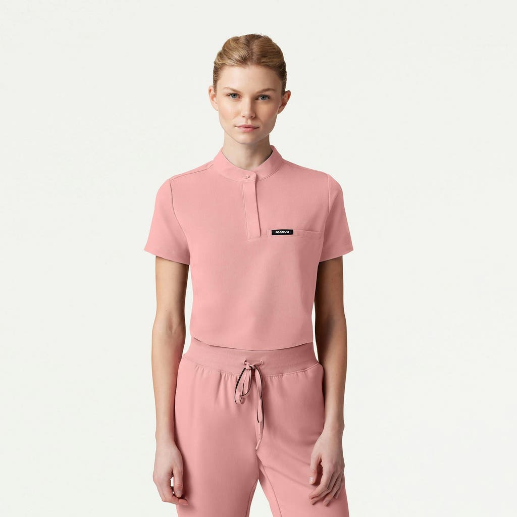 Jaanuu 1-pocket Classic Banded Collar Scrub Top In Pink