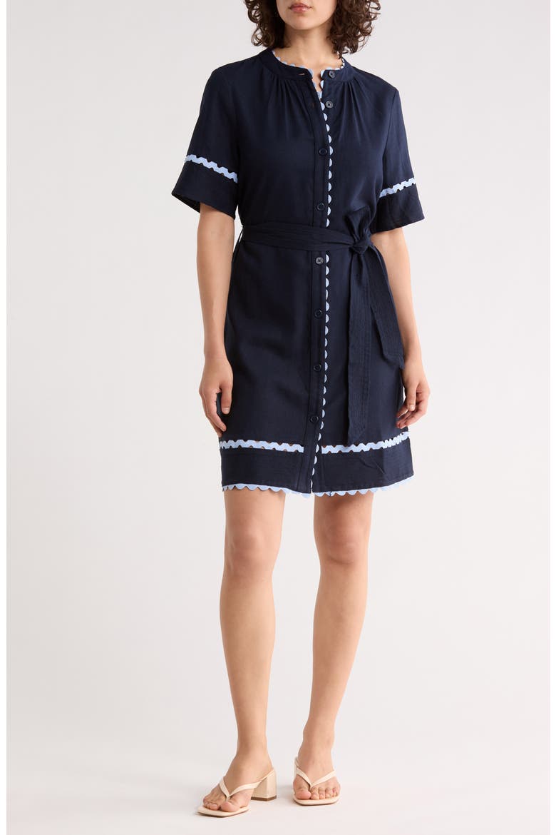 Rickrack Trim Short Sleeve Shirtdress, Main, color, NAVY