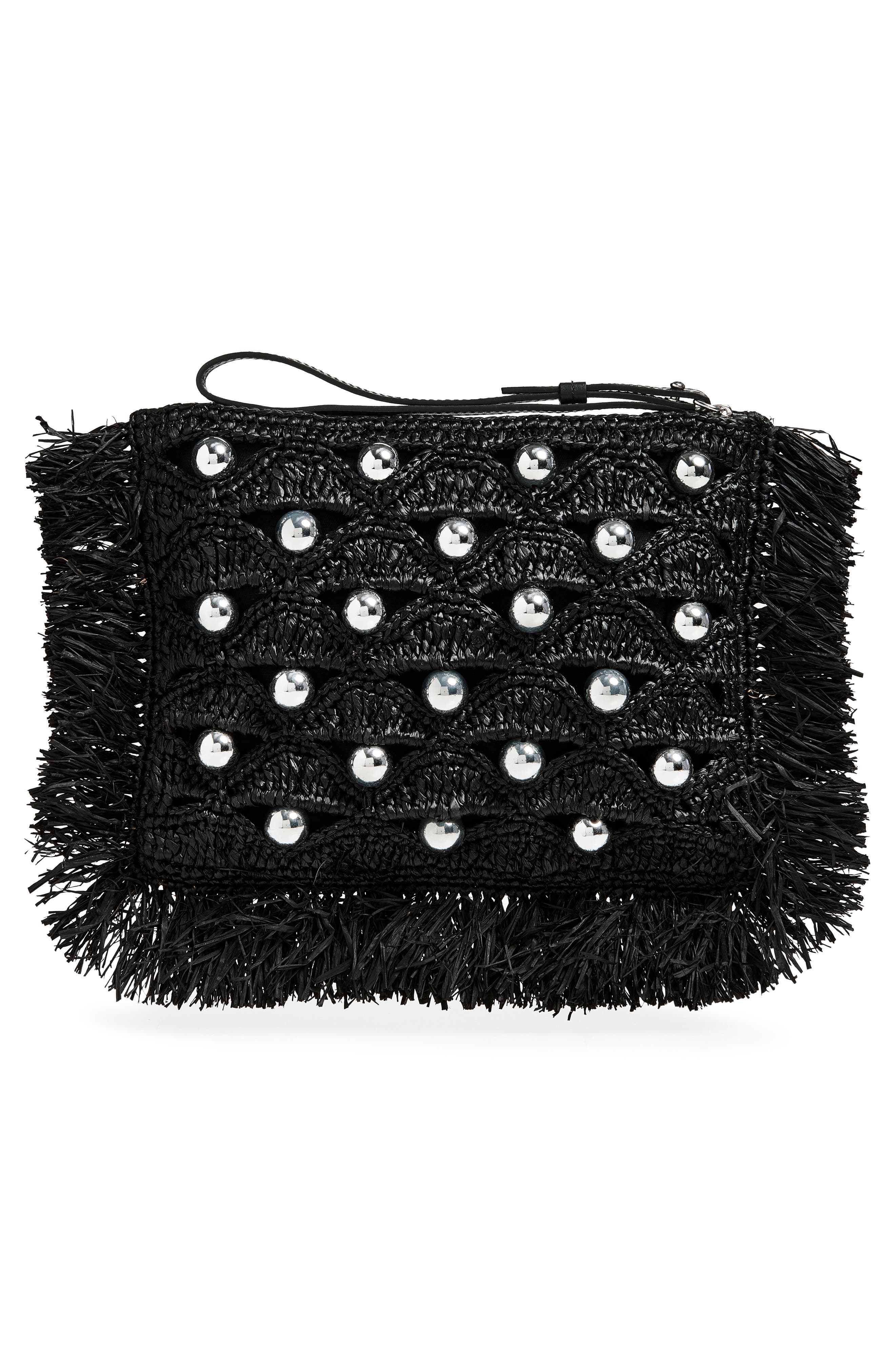 Bead Embellished Woven Raffia Pouch Wristlet, Alternate, color, BLACK / SILVER
