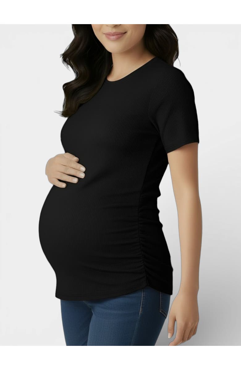 MOTHERHOOD MATERNITY Women's Crew Neck Side-Ruched Maternity Short Sleeve Top, Alternate, color, Black