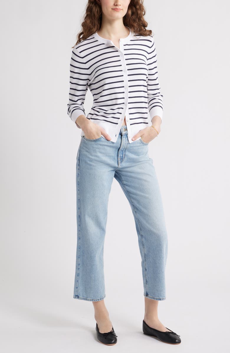 Caslon<sup>®</sup> Crewneck Cardigan, Alternate, color, White- Navy Josephine Stripe