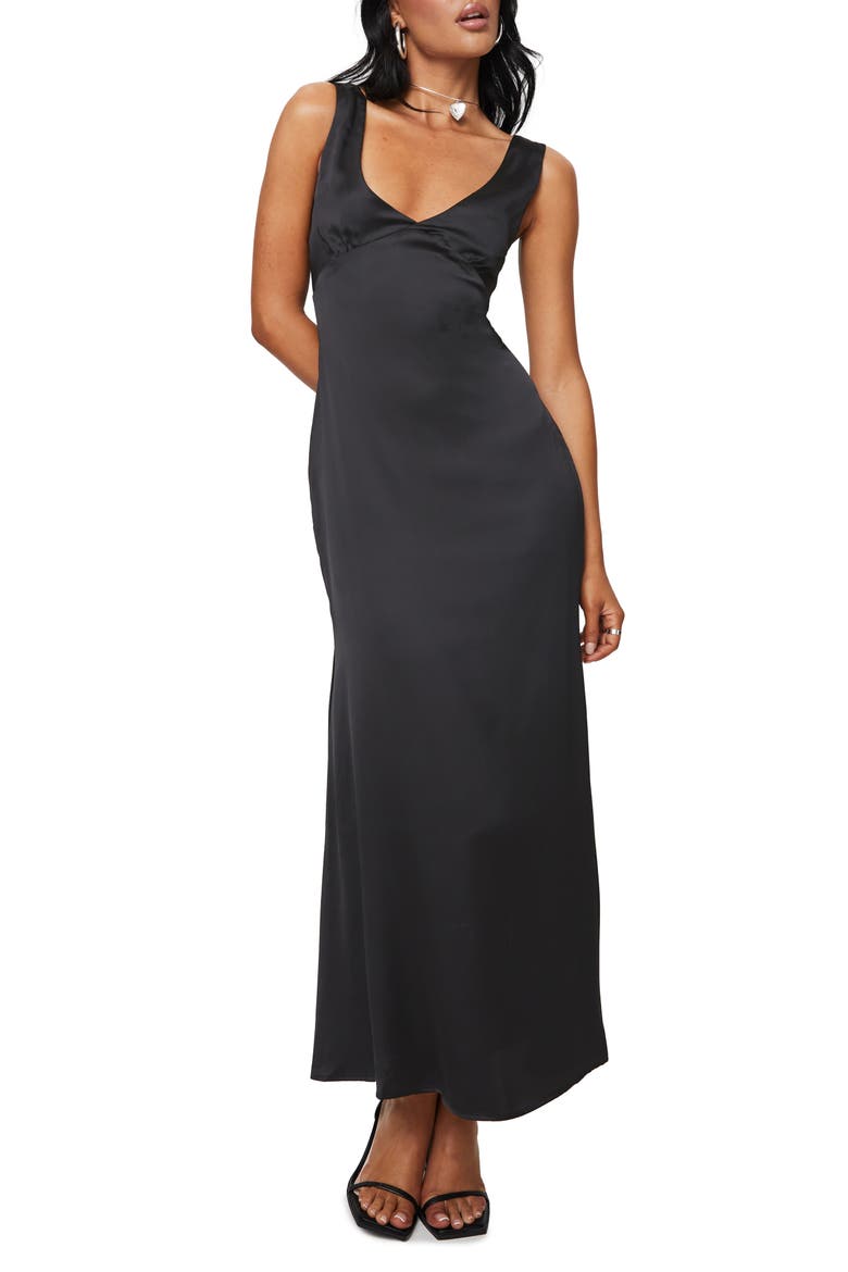 Lynsey V-Neck Satin Maxi Dress, Main, color, BLACK
