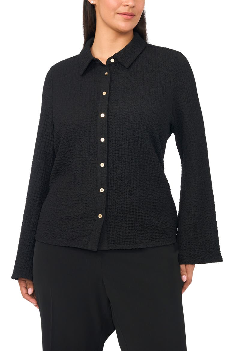 Flare Sleeve Knit Button-Up Shirt, Main, color, RICH BLACK