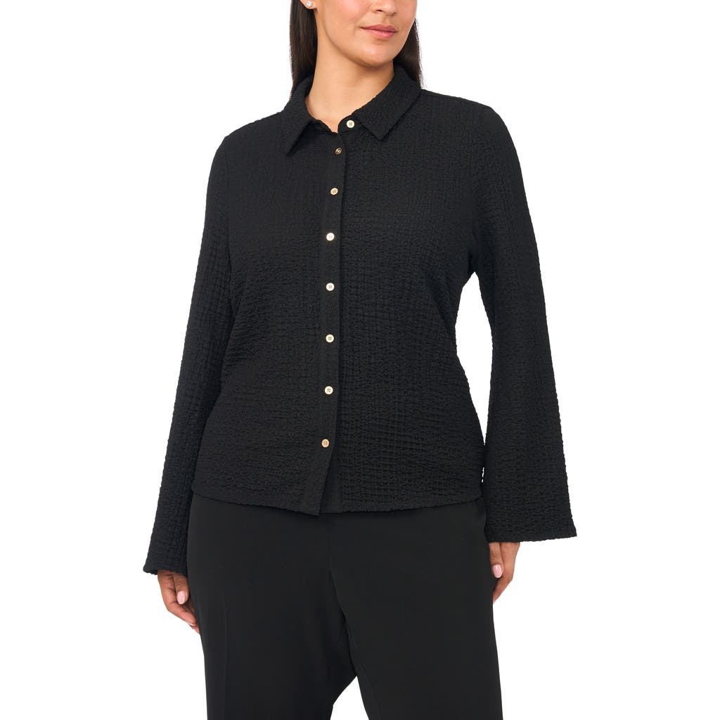 halogen(r) Flare Sleeve Knit Button-Up Shirt in Rich Black at Nordstrom, Size 1X
