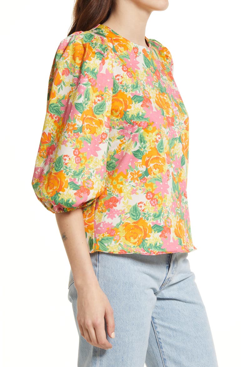Floral Print Puff Sleeve Stretch Cotton Top, Alternate, color, ORANGE