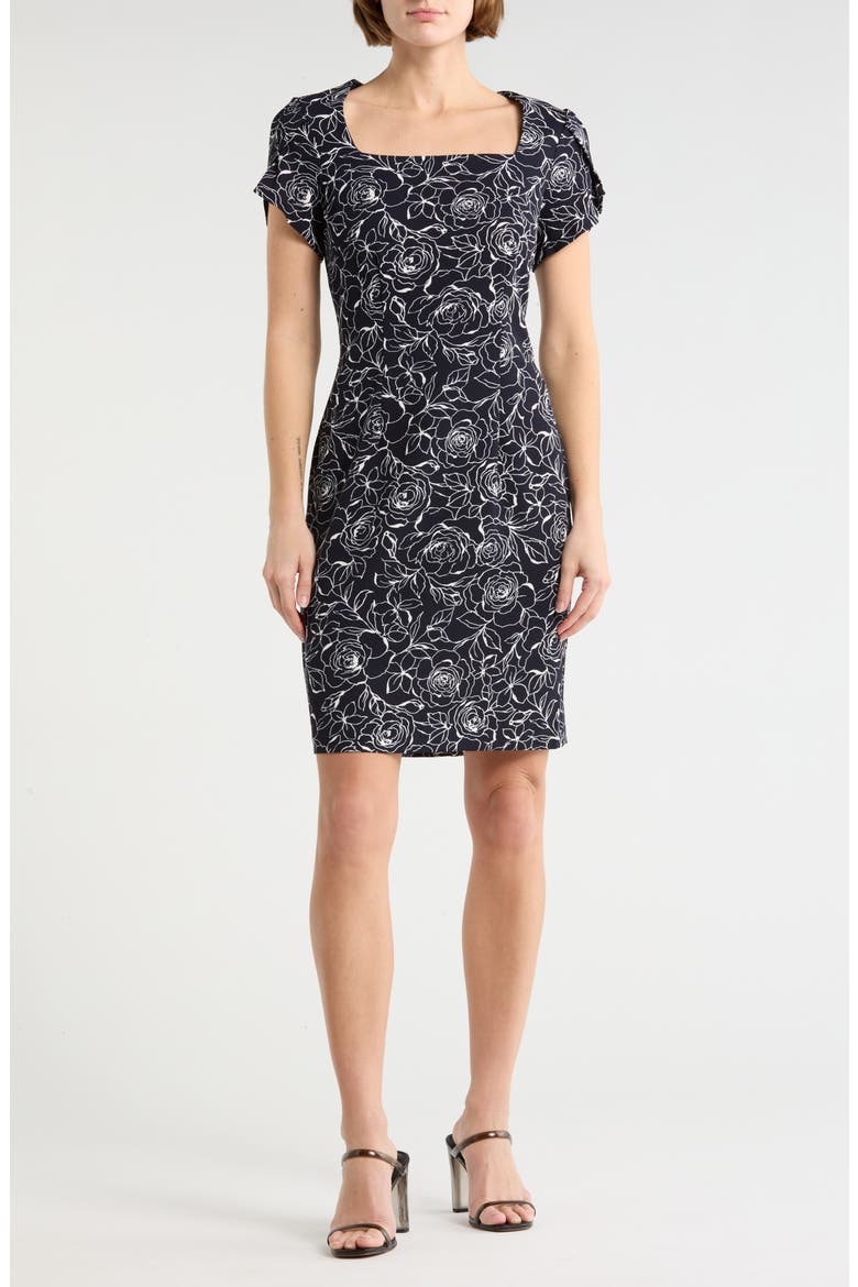 Floral Tulip Sleeve Sheath Dress, Main, color, NAVY