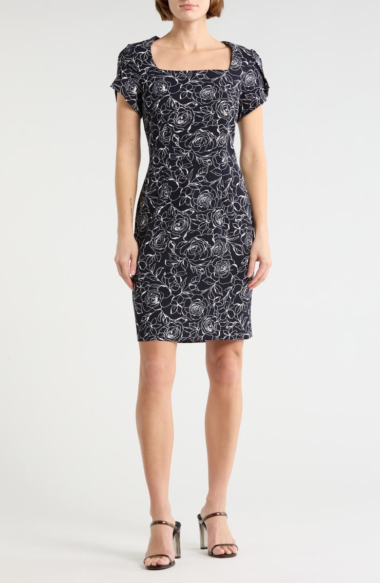 Connected Apparel Floral Tulip Sleeve Sheath Dress, Main, color, Navy