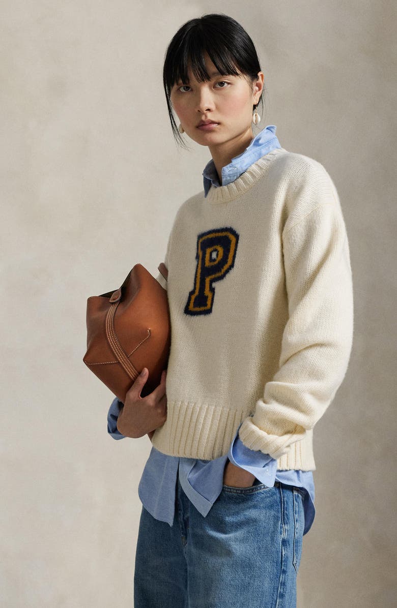 Polo Ralph Lauren Logo Wool Crewneck Sweater, Alternate, color, Cream