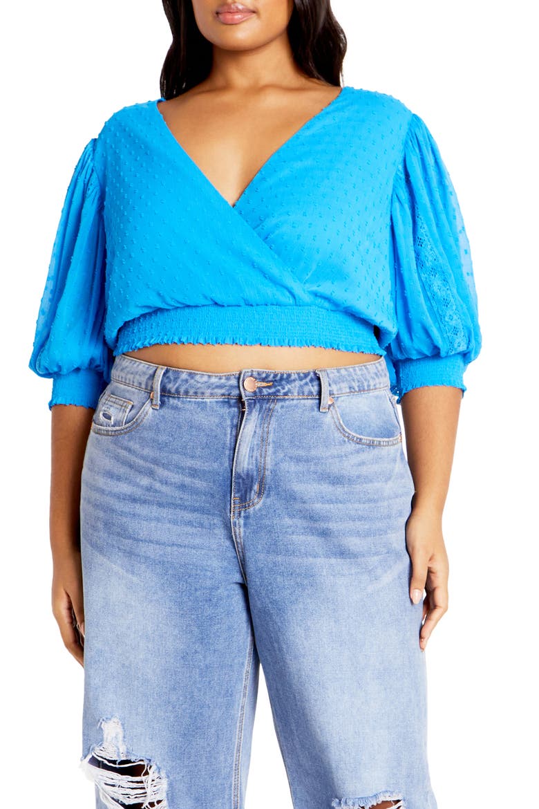Dee Swiss Dot Tie Back Crop Top, Main, color, BLUE