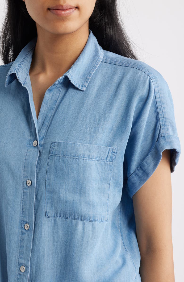 beachlunchlounge Romi Tie Front Denim Shirt, Alternate, color, Light Wash