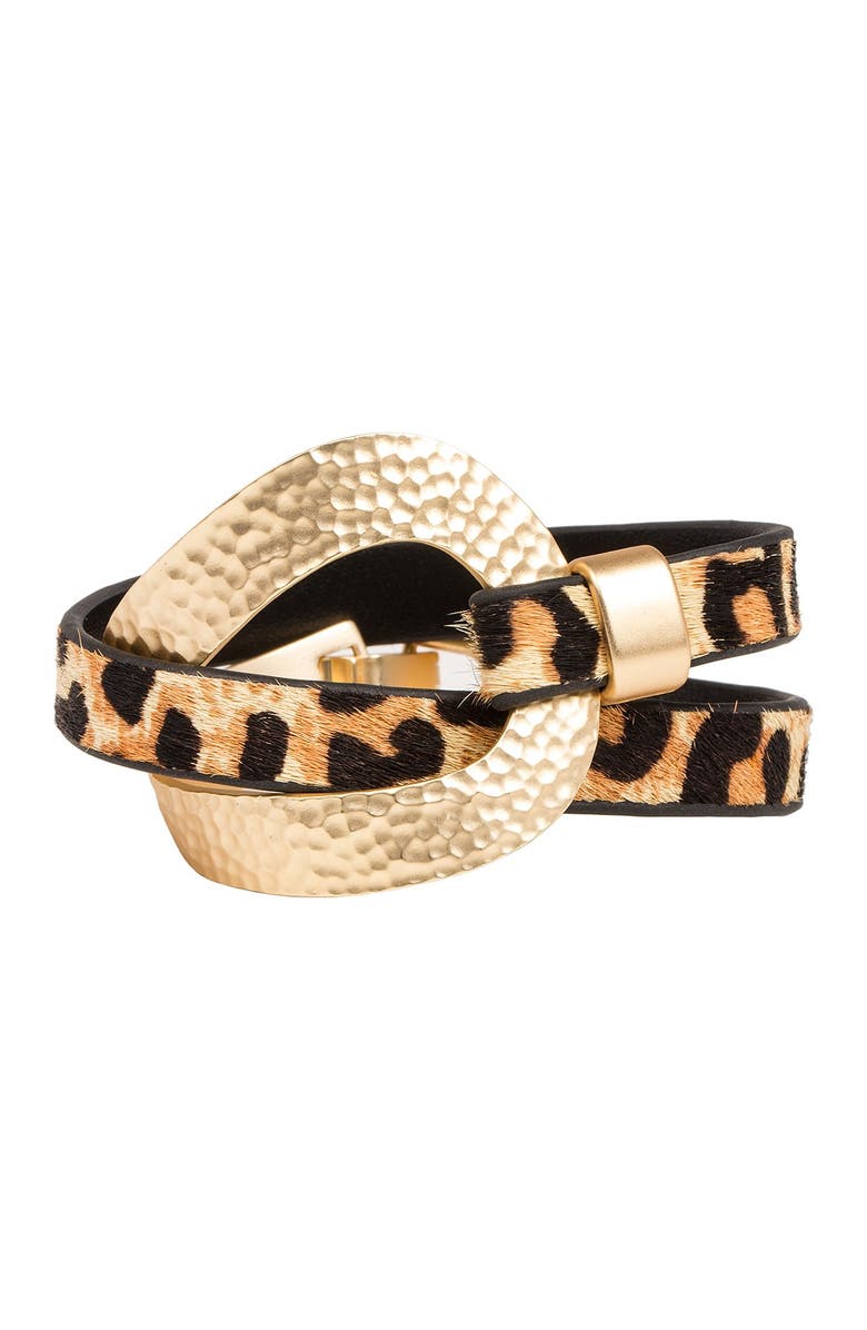 SAACHI Wild Loop Hammer Textured Metal & Leather Wrap Bracelet, Main, color, 