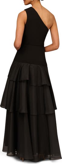 AIDAN MATTOX 黒ワンショルマーメイドロングドレス Aidan Mattox Organza Ruffle One-Shoulder Gown | Saks Fifth