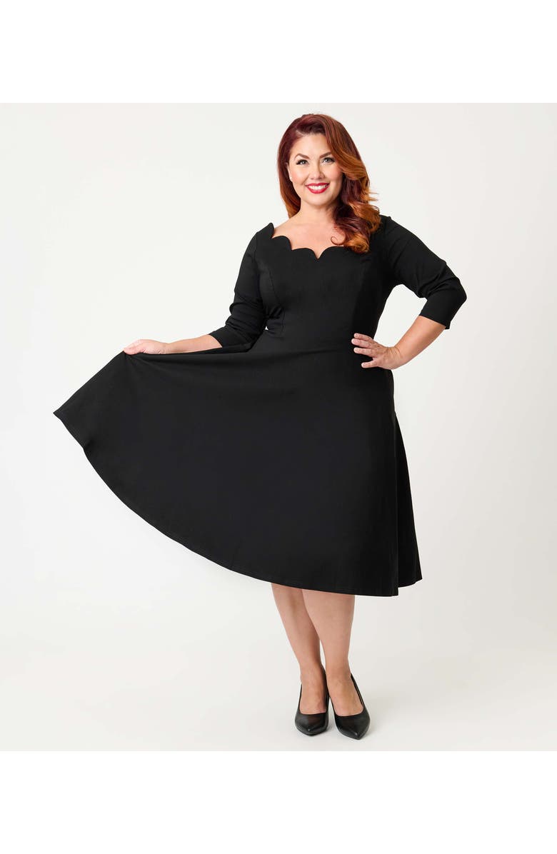 Unique Vintage Plus Size Scalloped Neck Swing Dress, Main, color, Black Solid