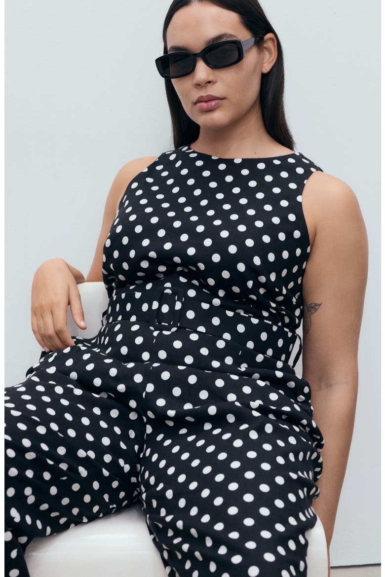 Sleeveless Polka Dot Linen Blend Jumpsuit, Alternate, color, BLACK