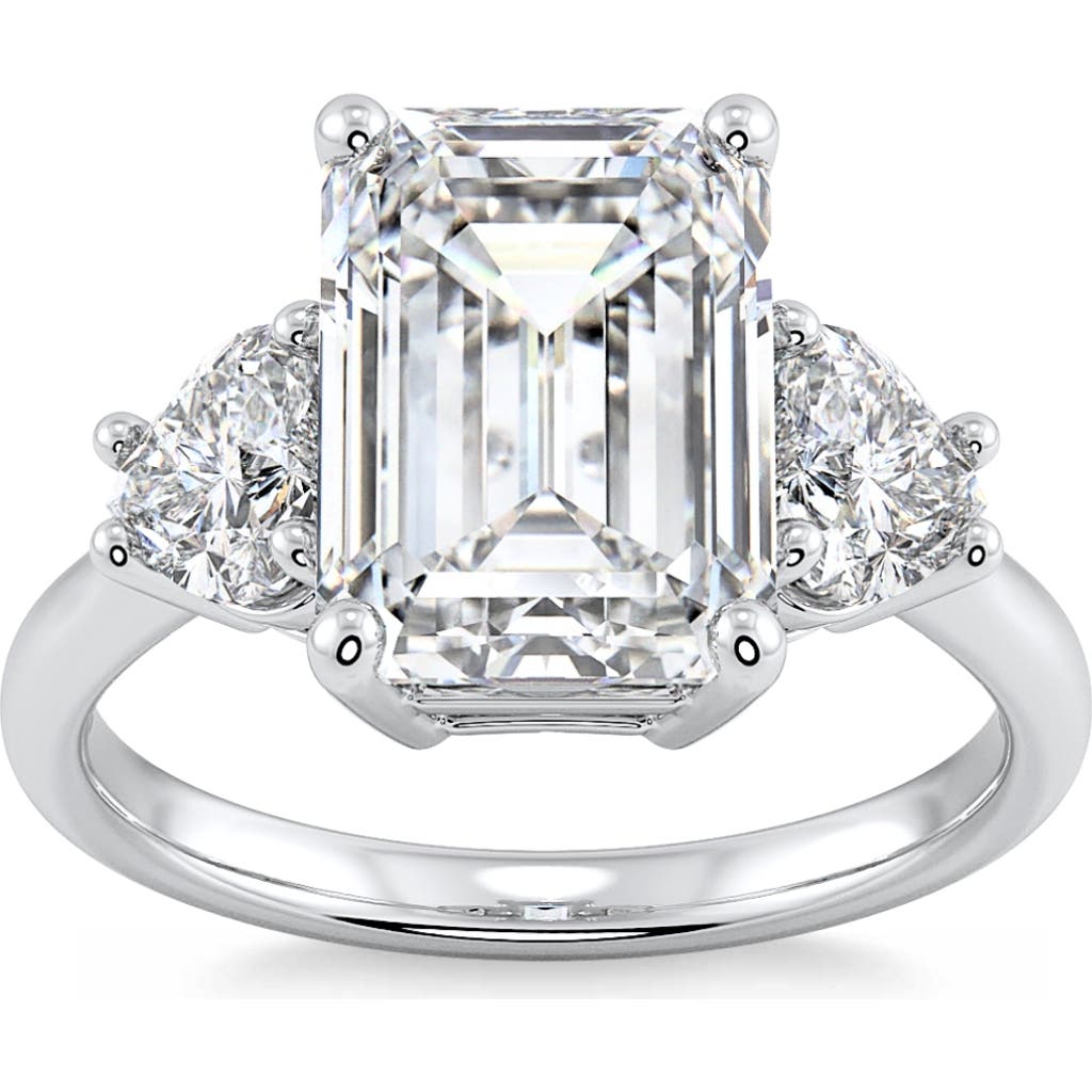 Bliss Diamond Certified 4 1/2ct Emerald & Heart 3-stone Diamond Ring 14k Gold Lab Grown In 14k White Gold