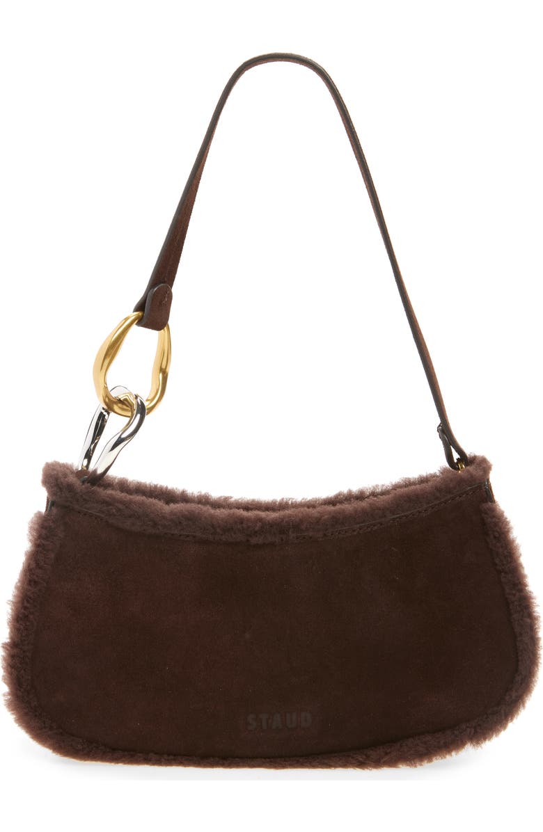 STAUD Ollie Suede Shoulder Bag with Faux Shearling Trim, Alternate, color, Espresso