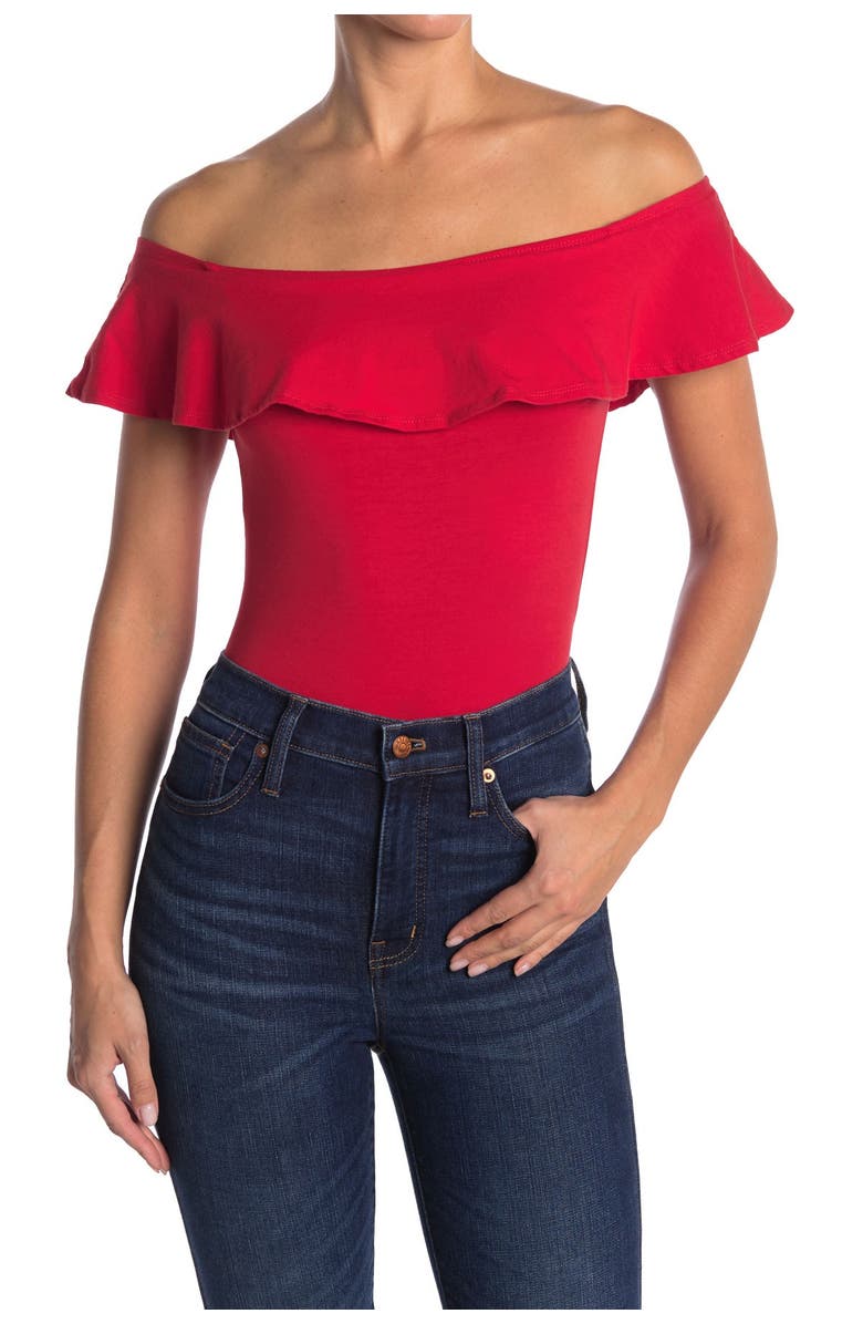 Topshop Ruffle Off the Shoulder Bodysuit, Main, color,