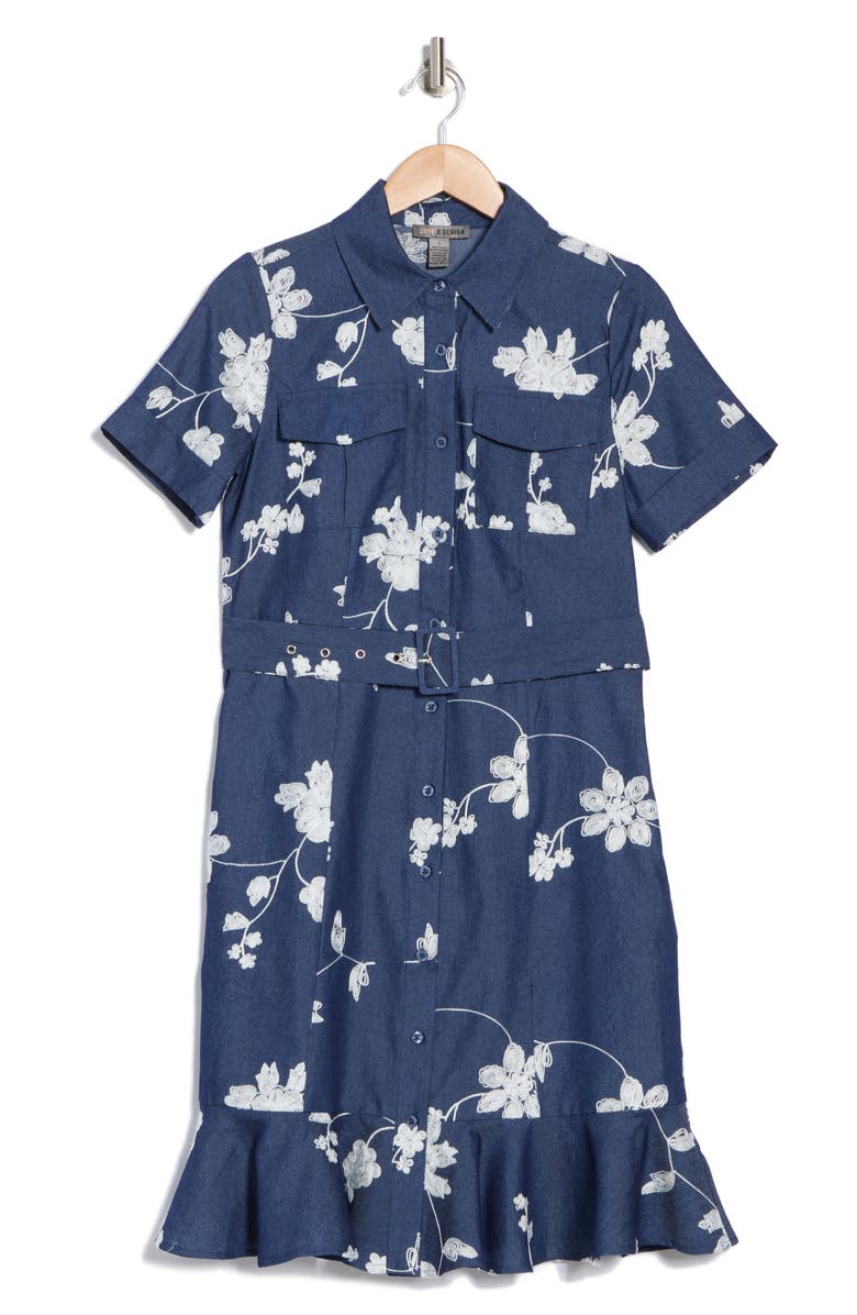 BY DESIGN Romina Floral Embroidered Short Sleeve Shirtdress, Alternate, color, Dark Chambray/ Gardenia