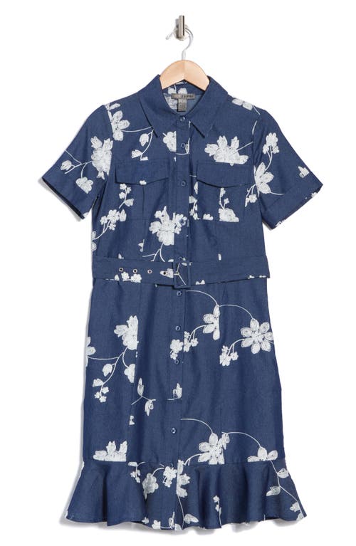 By Design Romina Floral Embroidered Short Sleeve Shirtdress In Dark Chambray/gardenia