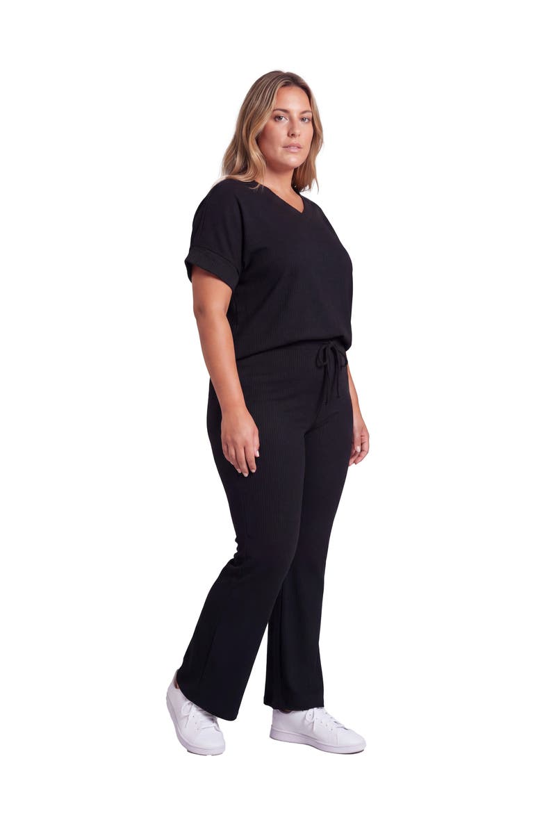 Curvy Basic Ribbed Knit Dolman Sleeve V-Neck Top and Drawstring Wide Leg Pant Set, Alternate, color, Black