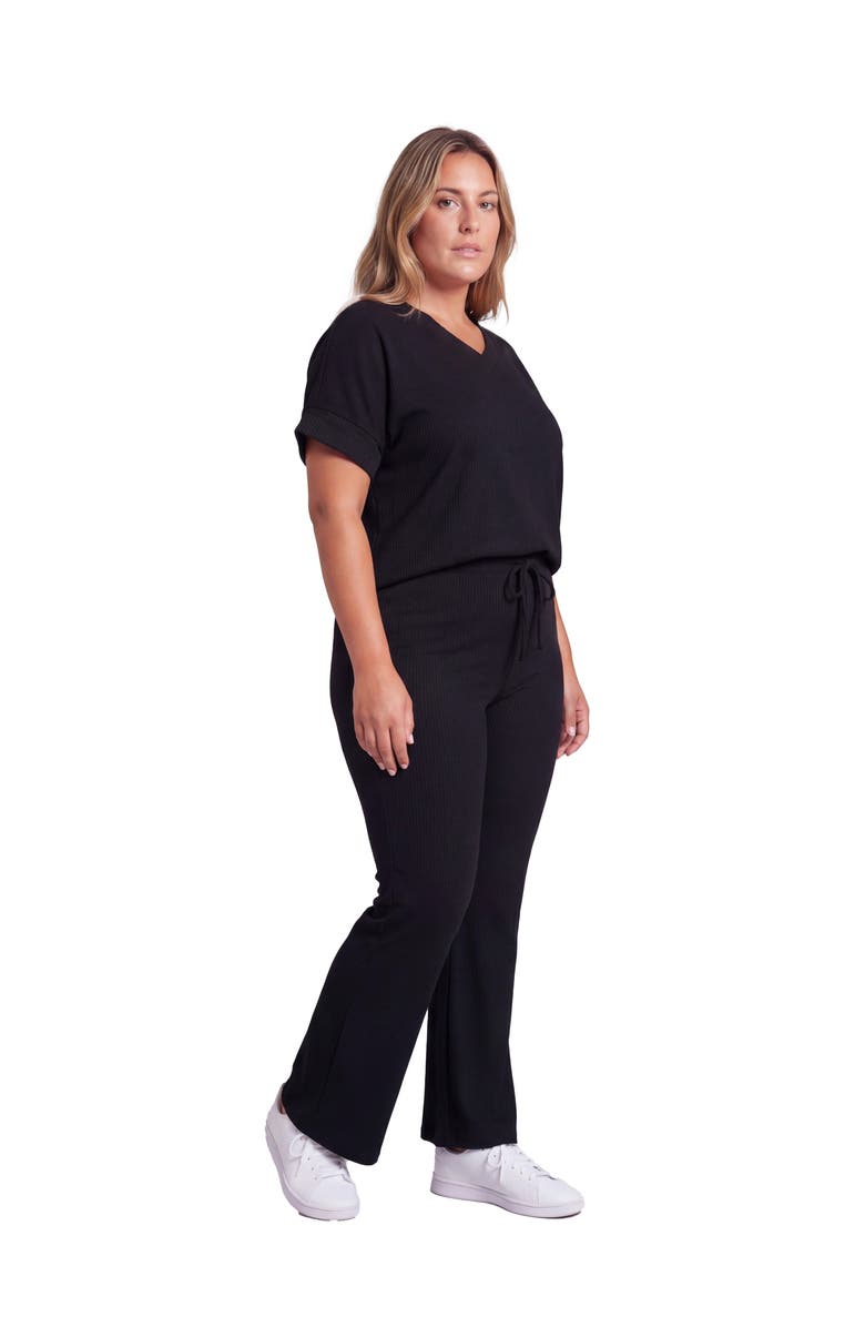 24seven Comfort Apparel Curvy Basic Ribbed Knit Dolman Sleeve V-Neck Top and Drawstring Wide Leg Pant Set, Alternate, color, Black