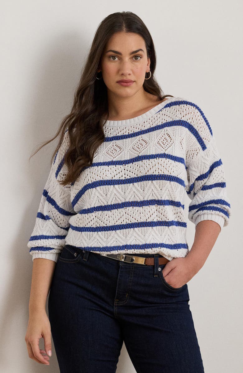 Lauren Ralph Lauren Stripe Pointelle Cotton Blend Sweater, Alternate, color,