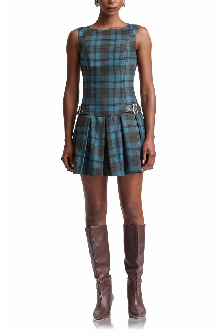 Plaid Pleated Stretch Minidress, Main, color, DEEP TEAL PLAID